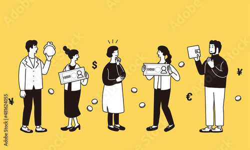 お金や財布を持つシンプルな人々のイラスト
