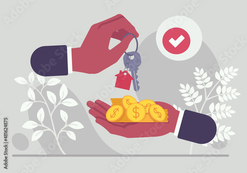 Property buying, selling business, key and coin deal. Contract apartment marketing, resident management, approved loan mortgage, hands close up in agreement exchange, tick mark. Vector illustration