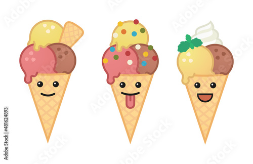 Cute happy ice creams vector set