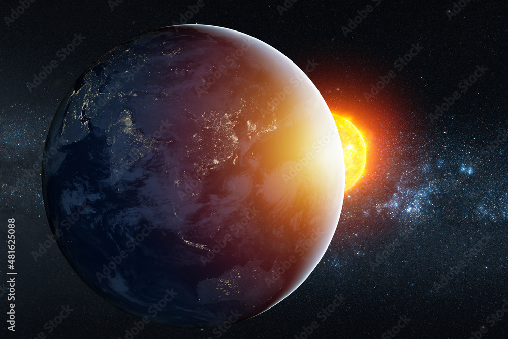Planet earth planet in deep space against blue nebula and glowing hot sun. Outer space dark wallpaper with Eatrh surface view. Elements of this image furnished by NASA. - obrazy, fototapety, plakaty 