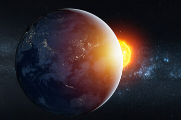 Planet earth planet in deep space against blue nebula and glowing hot sun. Outer space dark wallpaper with Eatrh surface view. Elements of this image furnished by NASA.