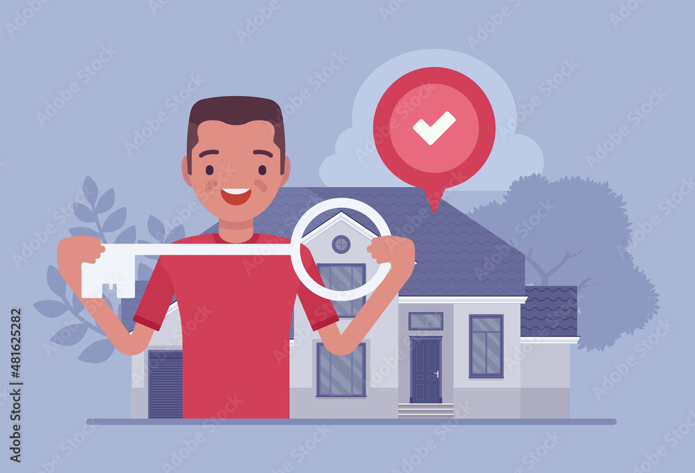 Happy homeowner, young man with a key, owns the house. Moving to first