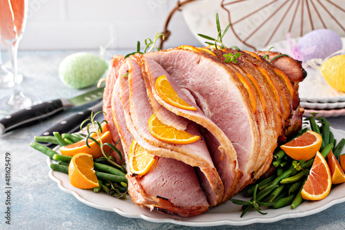 Photography Traditional Easter ham with orange honey glaze