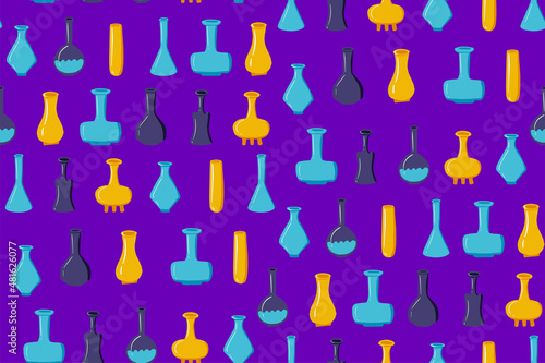 Seamless pattern of empty magic flasks of various shapes