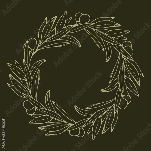 Hand drawn vintage wreath of olive tree branches on green