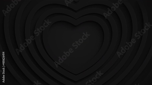 Premium luxury black hearts move from the center with soft shadows. Outline neumorphism shape animated seamless loop background. Digital gift card. Happy Valentine's day. Mother's day. Happy Birthday