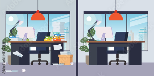 Office working place and mess around before and after cleaning. Vector illustration. Isolated objects.