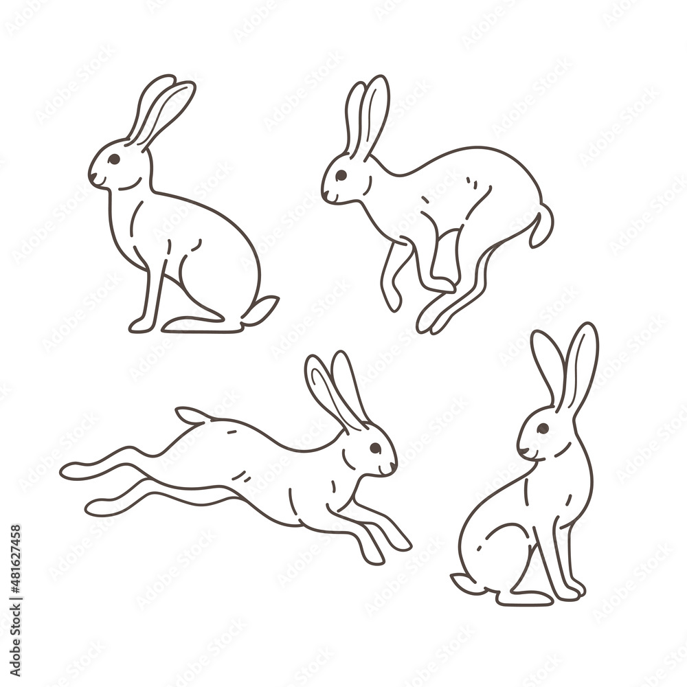Cartoon hare icon set. Cute animal character in different poses. Vector illustration for prints, clothing, packaging, stickers.