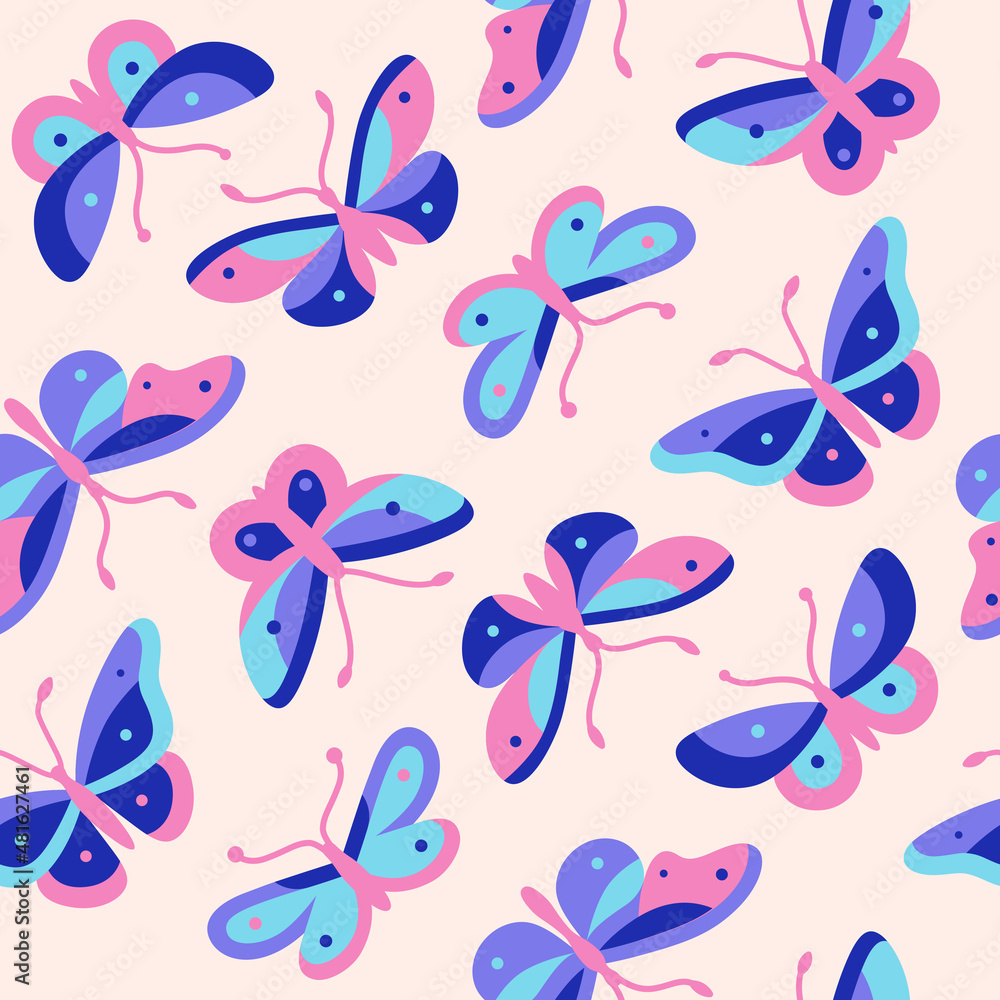 Fototapeta premium Colour vector geometric pattern with different type of butterfly.