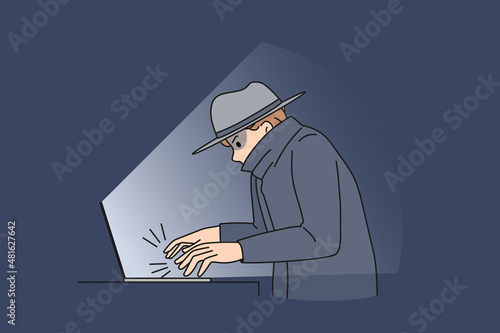 Online crime and fraud concept. Young man fraud thief sitting at laptop committing computer internet crime making attack hacking vector illustration 