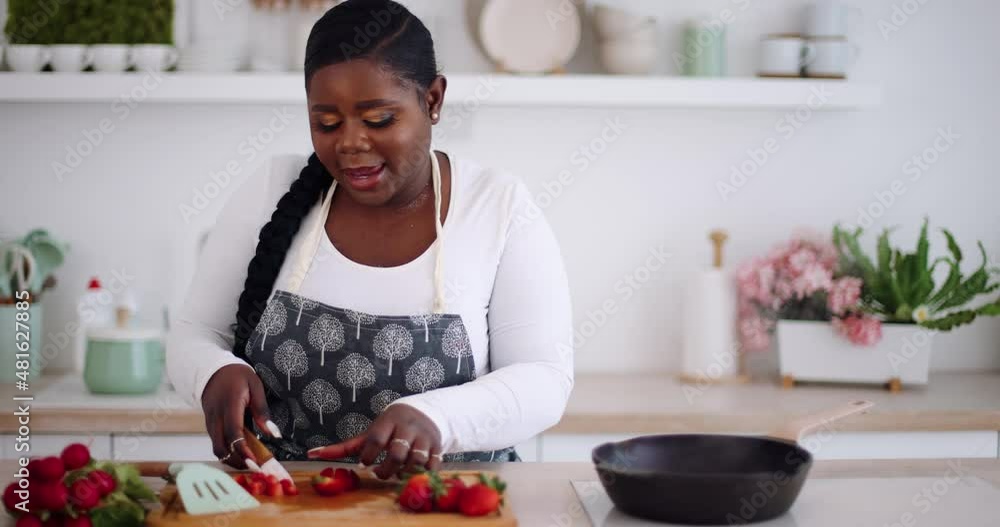 happy young woman cooking on the kitchen at home and singing happy young woman cooking on the kitchen at home and singing