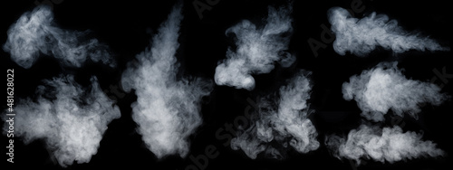 A set of nine different types of swirling, wriggling smoke, vapor isolated on a black background for overlaying