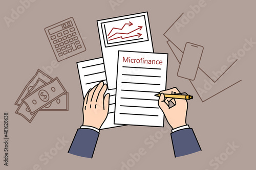 Business plan and microfinance concept. Top view and flat-lay of businessman hands making notes on microfinance plan strategy development counting expenses on table vector illustration