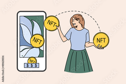 Cryptocurrency bitcoin and blockchain concept. Smiling woman standing and putting coins nft to screen of mobile phone making money profit vector illustration 
