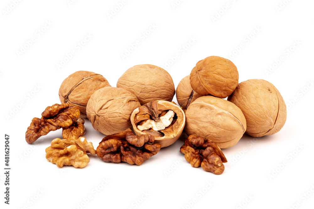 Walnuts in shells isolated on white background. Package design element with clipping path. Walnuts in shells isolated on white background. Package design element with clipping path.