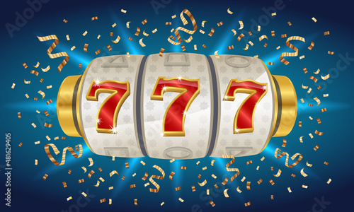 777 Golden slot machine concept. Jackpot. Big win. Spin and win three sevens. Online casino banner. Сasino background. Vector illustration.