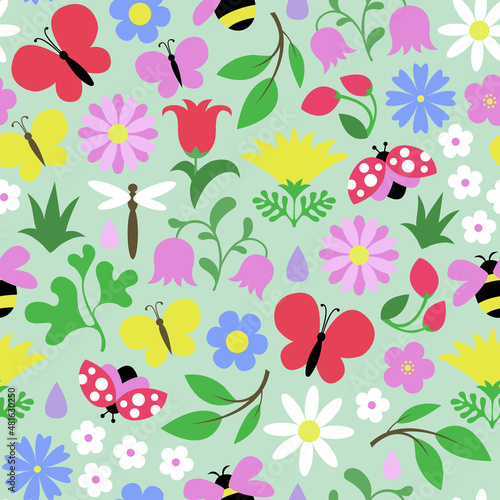 spring meadow. seamless pattern with spring flowers and butterflies. floral ornament. bright flowers and plants on a light background. seasonal print. vector illustration
