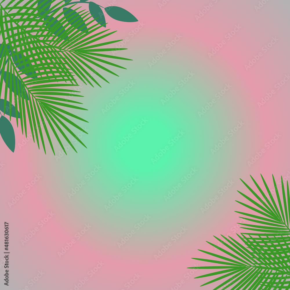 Tropical summer pink background green leaves