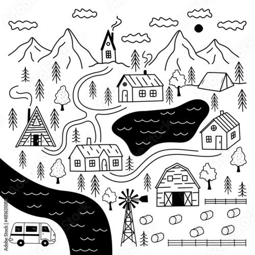 Doodle countryside village map with streets, roads, houses, river, mountains, forest and farm. Hand drawn rural town vector illustration. Kids game, background, design elements