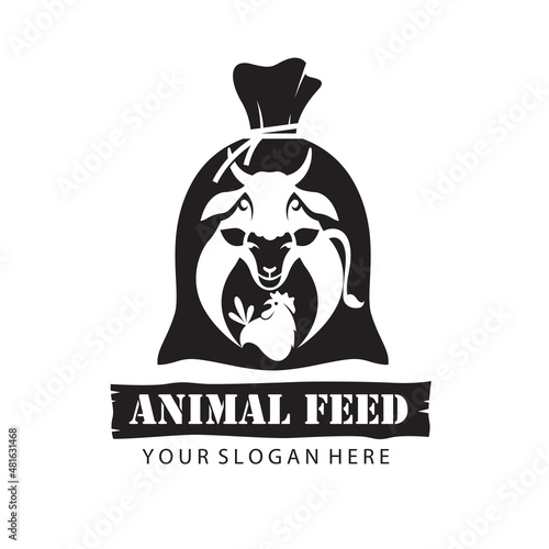 farm animals feed in sack with cow, chicken and sheep isolated on white background