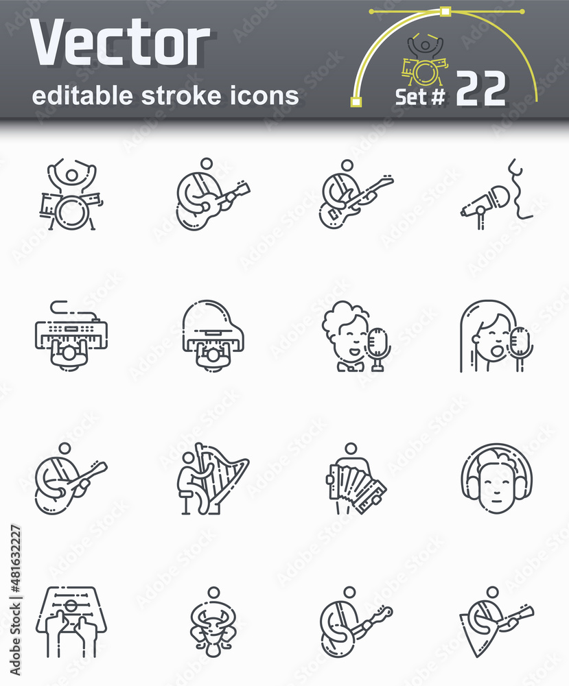 Vector editable stroke line icon set of musicians playing variable musical instruments