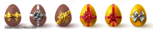 Realistic golden and chocolate easter egg gifts with ribbon bows. Spring holiday surprise eggs presents. Happy easter day hunting vector set