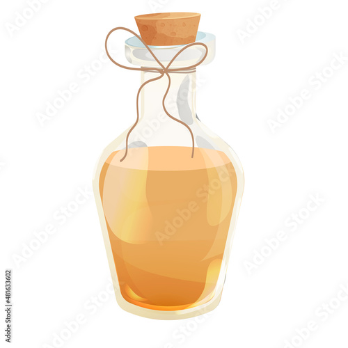 Sandal oil in bottle with wooden cork and rope in cartoon style isolated on white background. Ayurveda therapy ingredient 