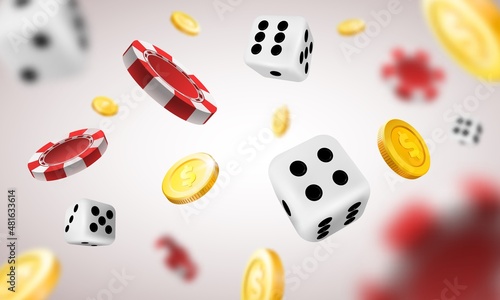 Billede på lærred Realistic casino background with flying chips, golden coins and dice