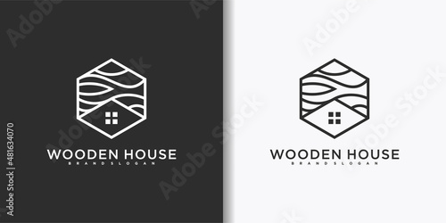Minimalist wooden house logo design with creative line art style Premium vektor