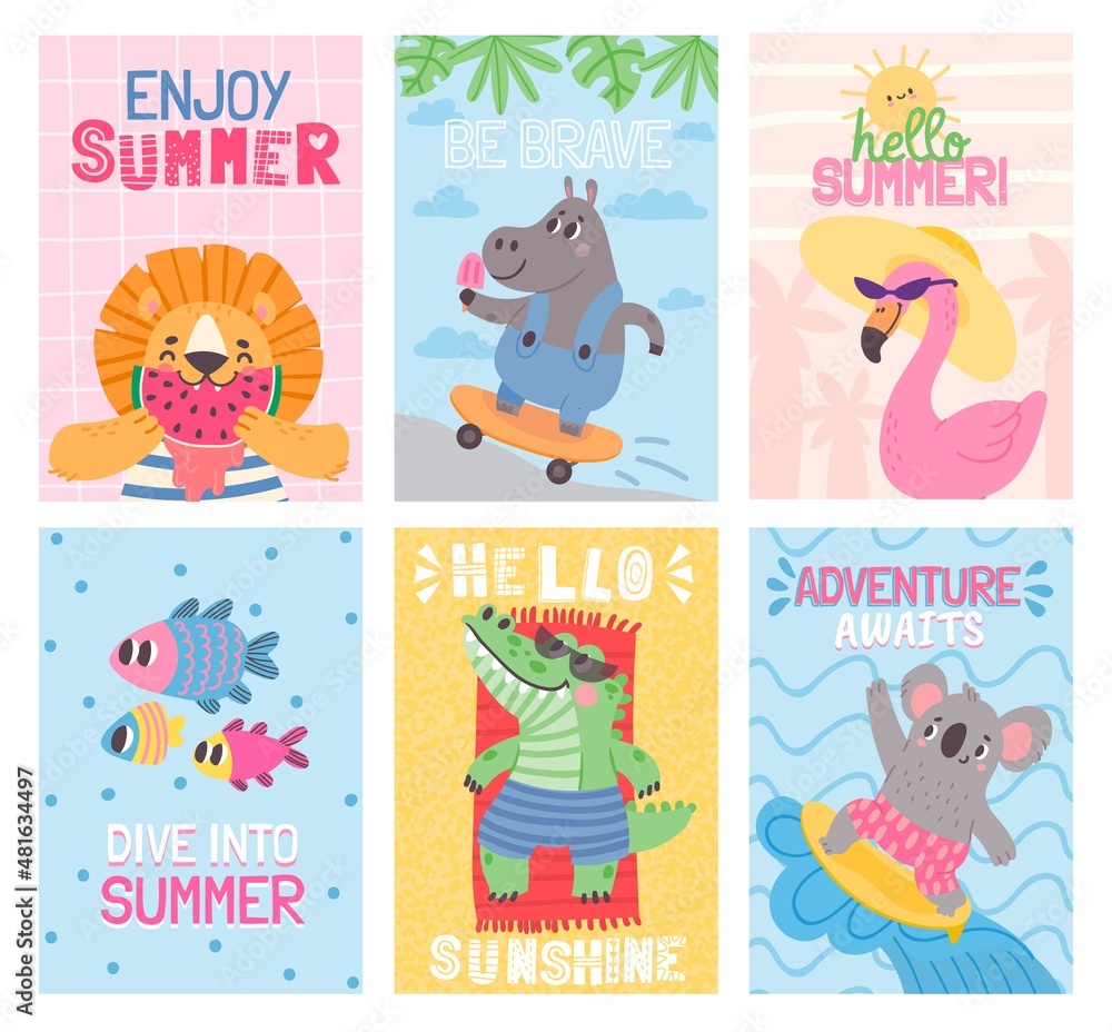 Hello summer cards with cartoon animals on beach vacation. Cute flamingo. Eating watermelon, sunbathing and surfing, fun poster vector set
