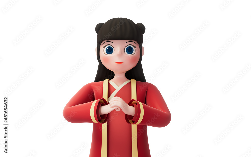A Chinese girl with white background, cartoon character, 3d rendering. A Chinese girl with white background, cartoon character, 3d rendering.