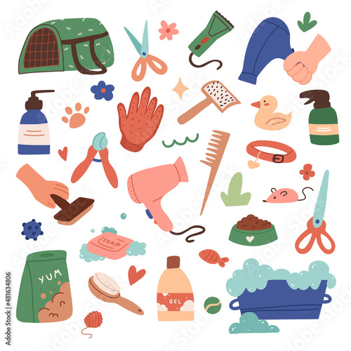 Set of pet grooming tools, accessories. Cat care, grooming. Beauty salon, vets, pet shop for domestic Flat vector illustration for banner, sticker and greeting card