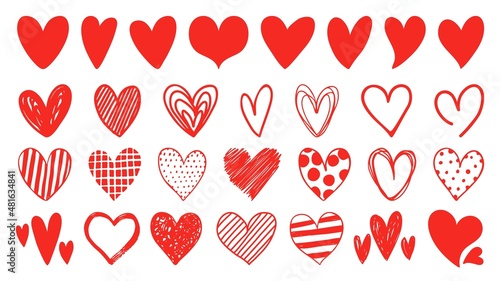 Flat, doodle and sketch red heart shape icon designs. Abstract romantic emoji symbol. Hand drawn wedding and valentine day hearts vector set