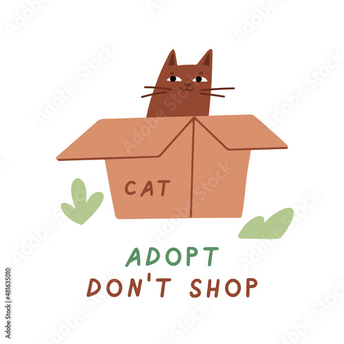 Cat in box. Cute illustration with cat sitting in cardboard box. Adopt homeless pet, vector banner, poster, print. Adopt a friend. Animal care, adoption concept. Help homeless animals find a home.