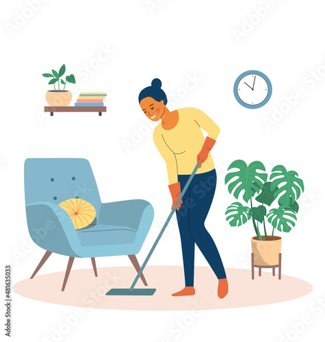 Young woman with mop in the living room. Vector flat style illustration