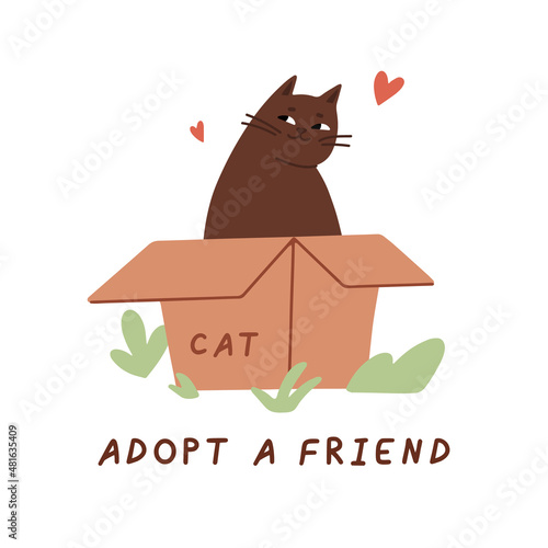 Cat in box. Cute illustration with cat sitting in cardboard box. Adopt homeless pet, vector banner, poster, print. Adopt a friend. Animal care, adoption concept. Help homeless animals find a home.