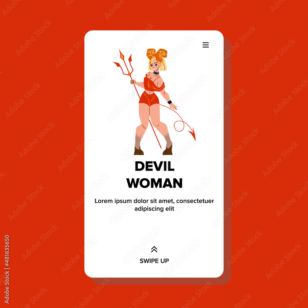 Devil Woman With Horns On Head Hold Trident Vector. Devil Woman With Tail Holding Hell Accessory. Character Wearing Halloween Costume Celebrate Holiday Event Web Flat Cartoon Illustration