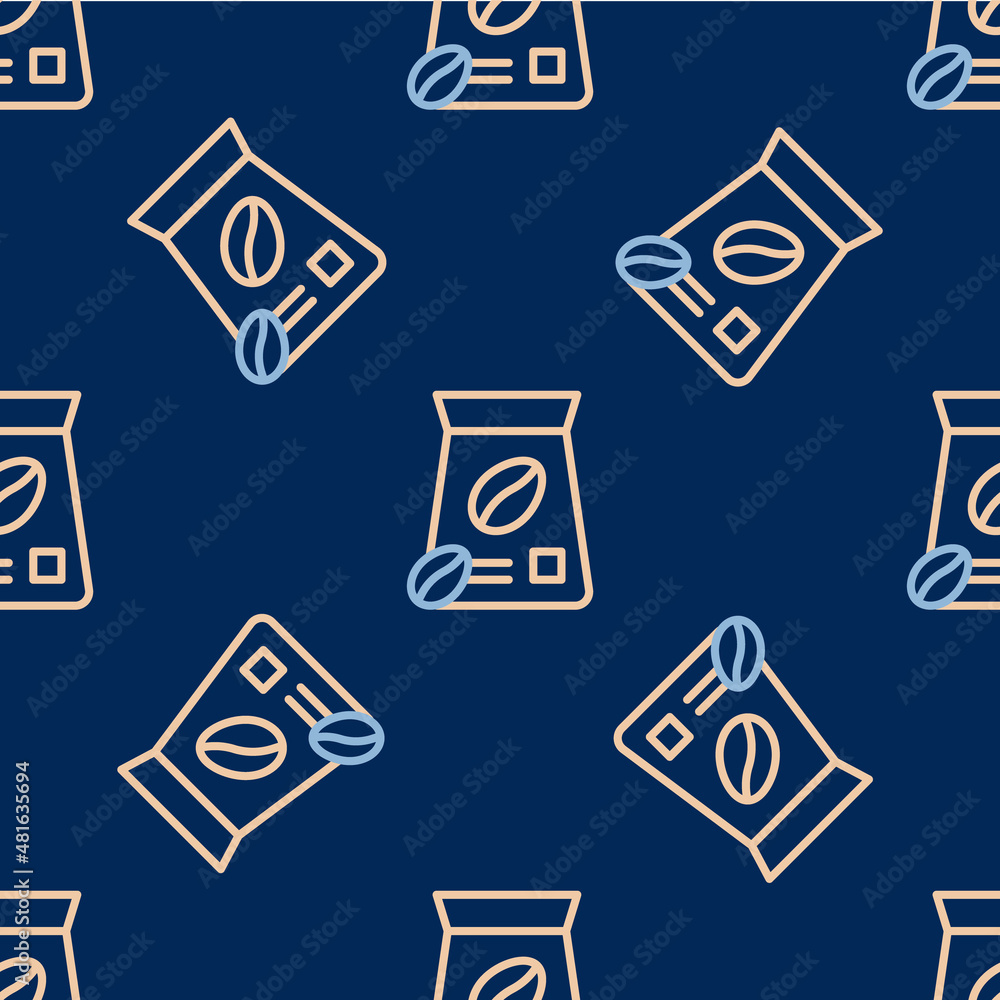 Line Bag of coffee beans icon isolated seamless pattern on blue background. Vector