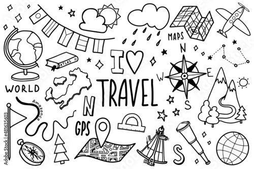 Travel icons set in hand drawn doodle style. Tourism and geography symbols. Vector illustration isolated on white background