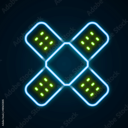 Glowing neon line Crossed bandage plaster icon isolated on black background. Medical plaster, adhesive bandage, flexible fabric bandage. Colorful outline concept. Vector
