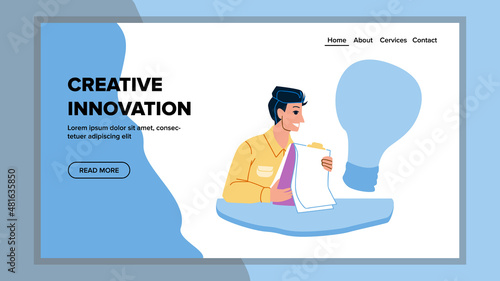 Creative Innovation Developing Manager Boy Vector. Young Businessman Creative Innovation Planning And Development. Character Man With Innovative Solution Web Flat Cartoon Illustration