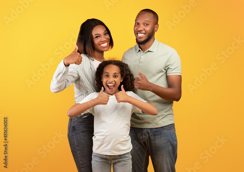 Best offer for families. Excited african american parents and their daughter showing thumbs up over yellow background