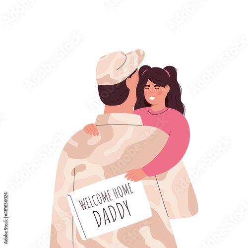 Soldier embracing daughter after returning home. Military man or soldier dressed in camouflage clothing holding daughter. Baby girl holding poster with inscription welcome home daddy.