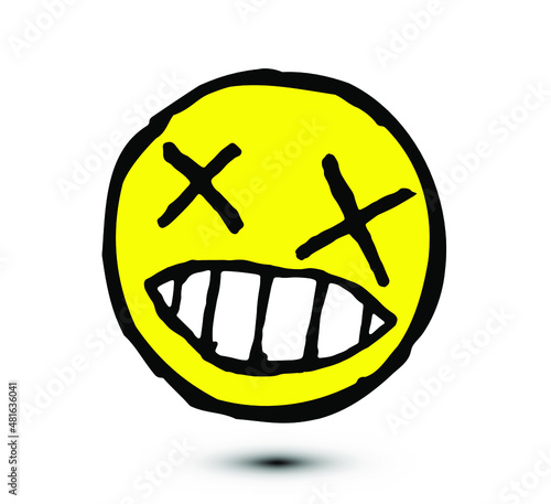 Hand drawn vector illustration of an abstract dead emoticon yellow face isolated on white background.