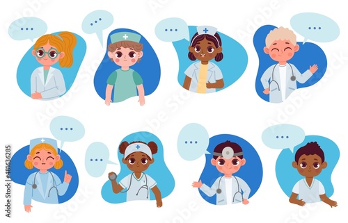 Kids doctors characters with speech bubble, medical health info. Cartoon children nurse, dentist, physician talk about healthcare vector set