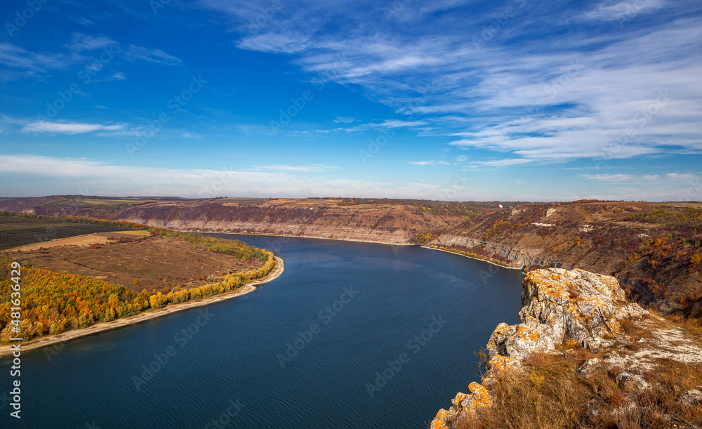 Canyon with the river Dniester on an autumn day near the village of Subich. Podolsk Tovtry.