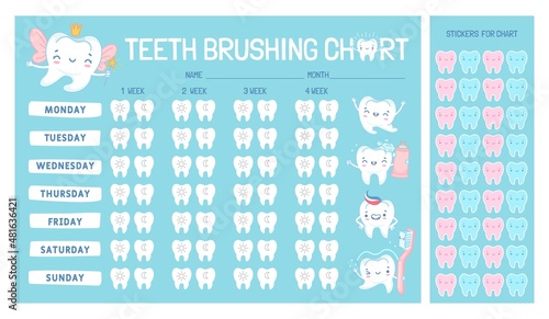Teeth brushing chart calendar for kids with cartoon character. Cute tooth fairy, brush and paste. Children dental care vector infographic