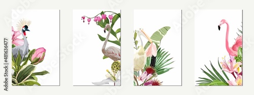 Exotic  flamingo birds with leaves and flowers. Beal to beak. Card template set. Mating season. Detailed vector design illustration. Valentine.