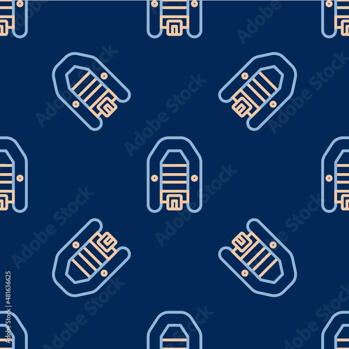 Line Inflatable boat with outboard motor icon isolated seamless pattern on blue background. Vector