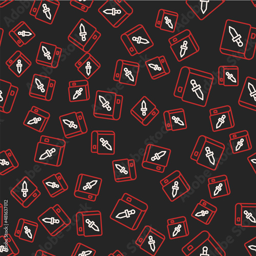 Line Book about weapon icon isolated seamless pattern on black background. Small firearm. Weapon catalog. Vector